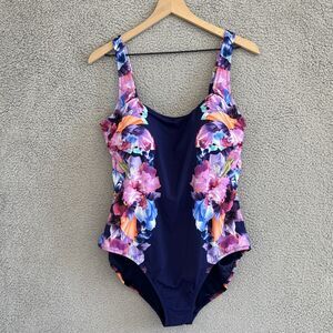 Lands End Swimsuit 12 Large One Piece Floral Built In Bra Lined Navy Blue Purple